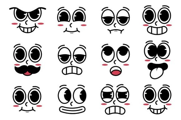Download Set of Kawaii Cartoon Faces Retro Style - Face Collection